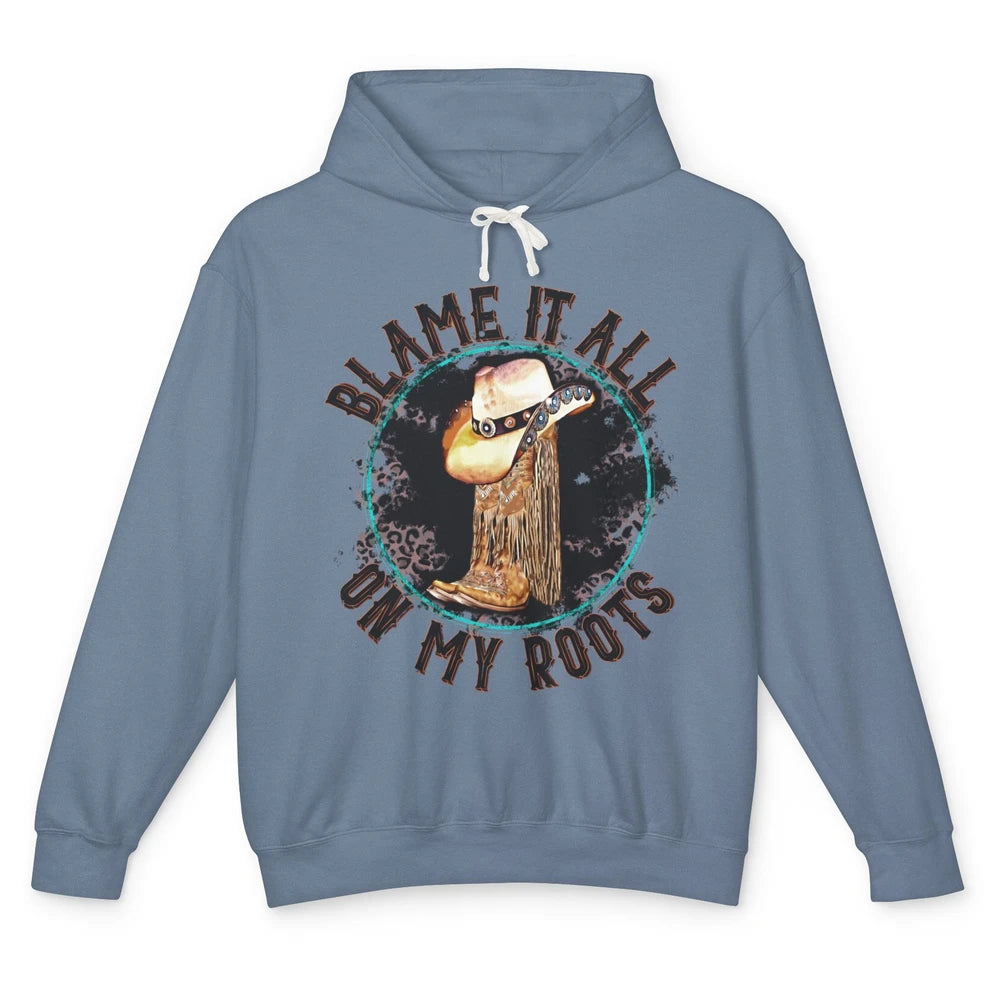 Retro Leopard Cowboy Boots Blame It On My Roots Western Girl Unisex Lightweight Hoodie