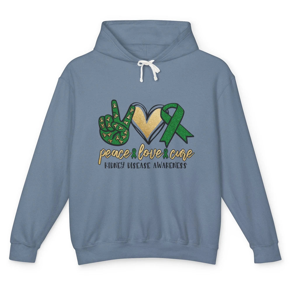 Peace Love Cure Kidney Disease Awareness Green Ribbon Heart Unisex Lightweight Hoodie