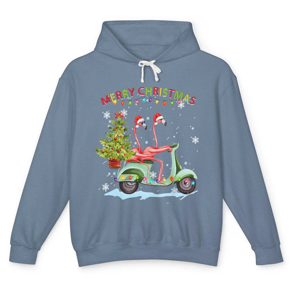 Merry Christmas Flamingos Santa Hat Xmas Lights Motorbike Unisex Lightweight Hoodie