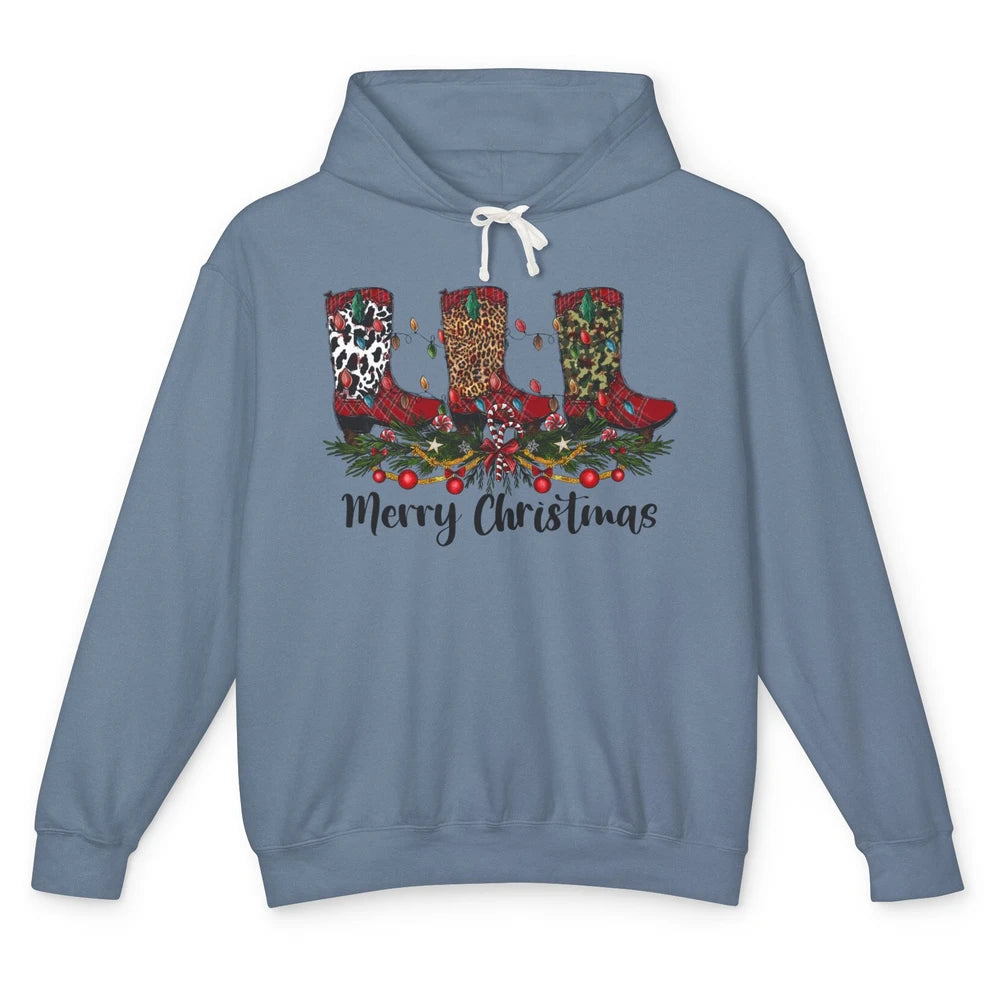 Christmas Cowboy Boots Santa Boots Leopard Western Christmas Unisex Lightweight Hoodie