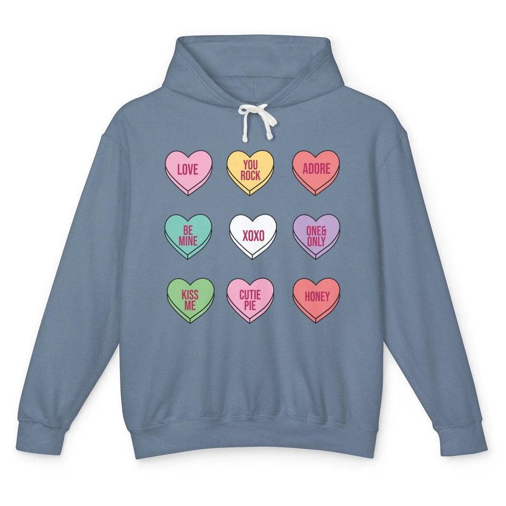 Conversation Hearts Valentines Love Boho V-Day Candy Rainbow Unisex Lightweight Hoodie