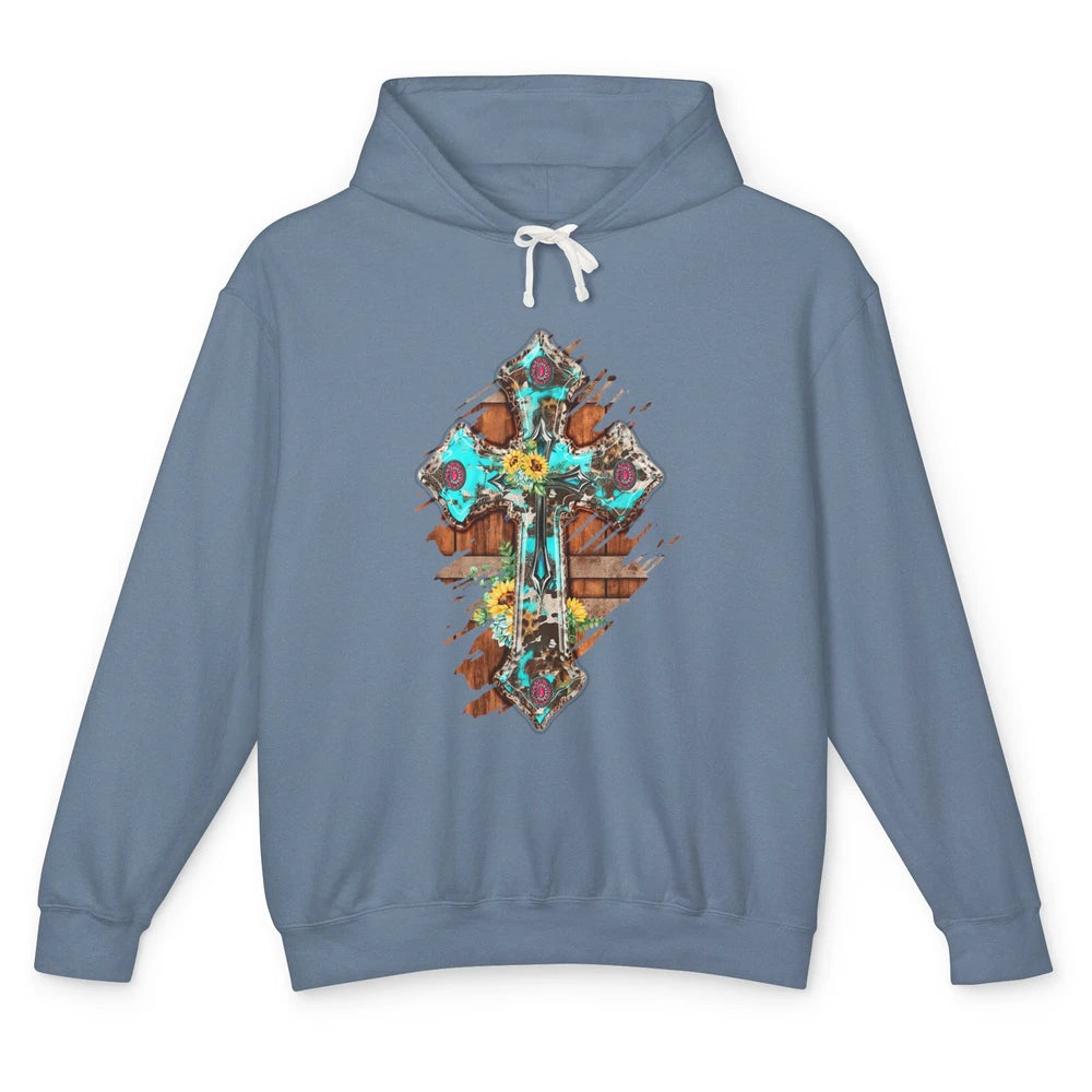 Western Country Boho Christian Turquoise Leopard Faith Cross Unisex Lightweight Hoodie