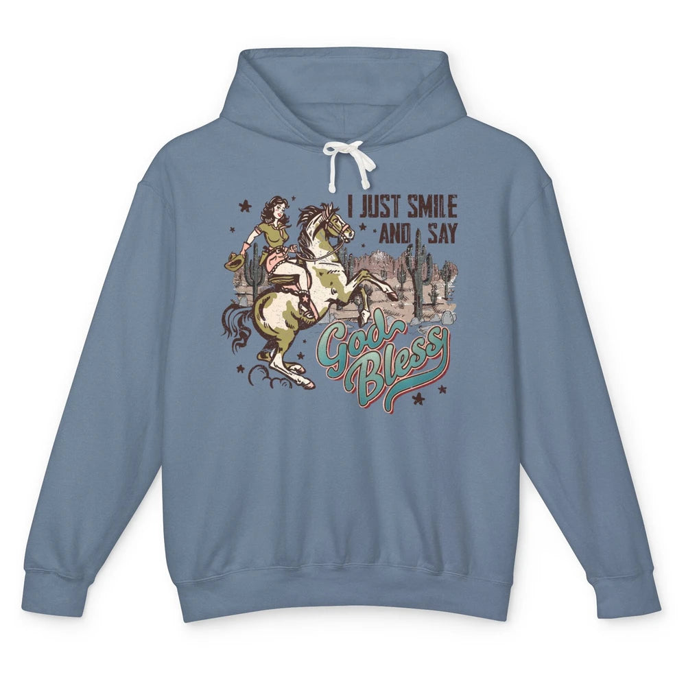 Retro Cowgirl Horsing I Just Smile And Say God Bless Western Unisex Lightweight Hoodie