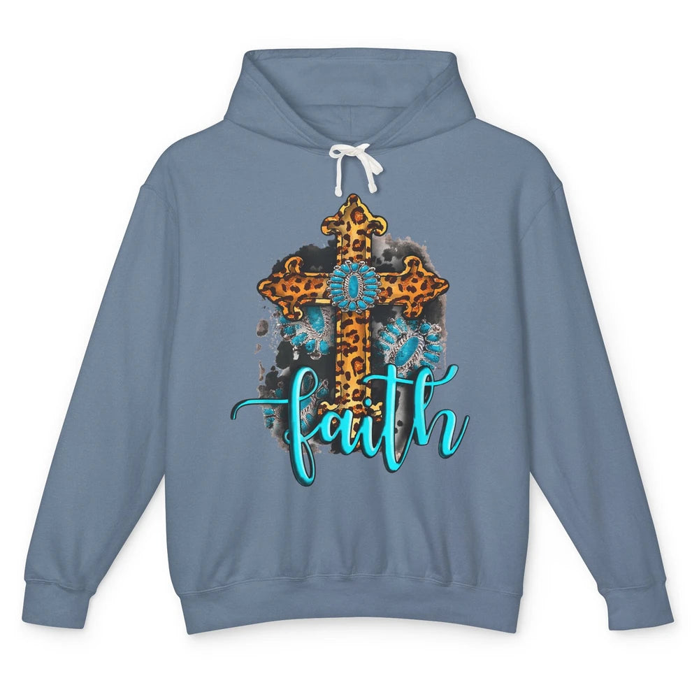 Western Gemstone Leopard Turquoise Cross Faith Jesus God Unisex Lightweight Hoodie