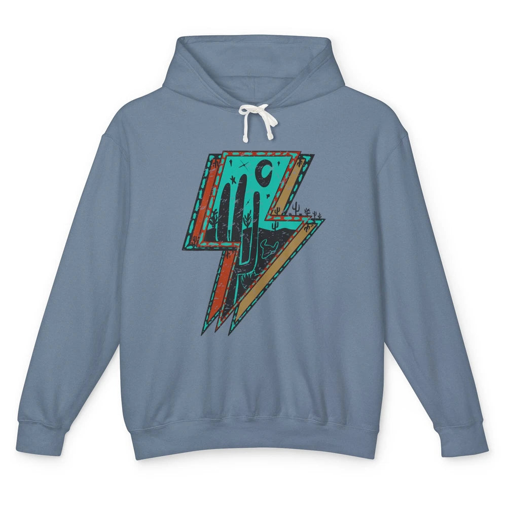 Retro Desert Cactus Night Turquoise Lightning Bolt Western Unisex Lightweight Hoodie