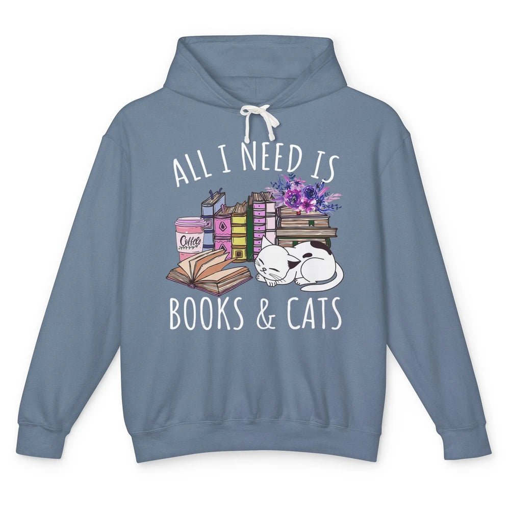 All I Need Is Books And Cats Floral Coffee Bookish Reading Unisex Lightweight Hoodie