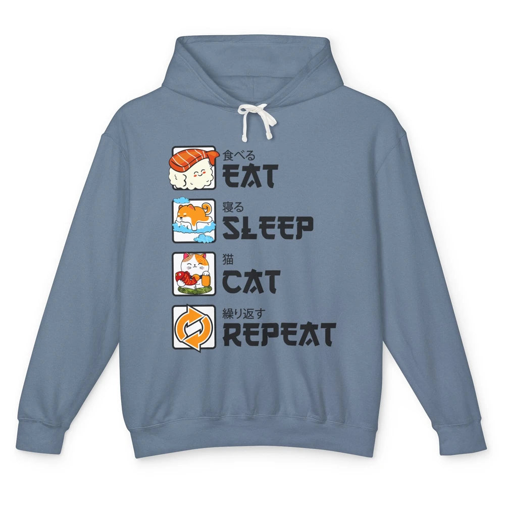 Funny Cat Neko Sushi Eat Sleep Cat Repeat Japanese Kawaii Unisex Lightweight Hoodie