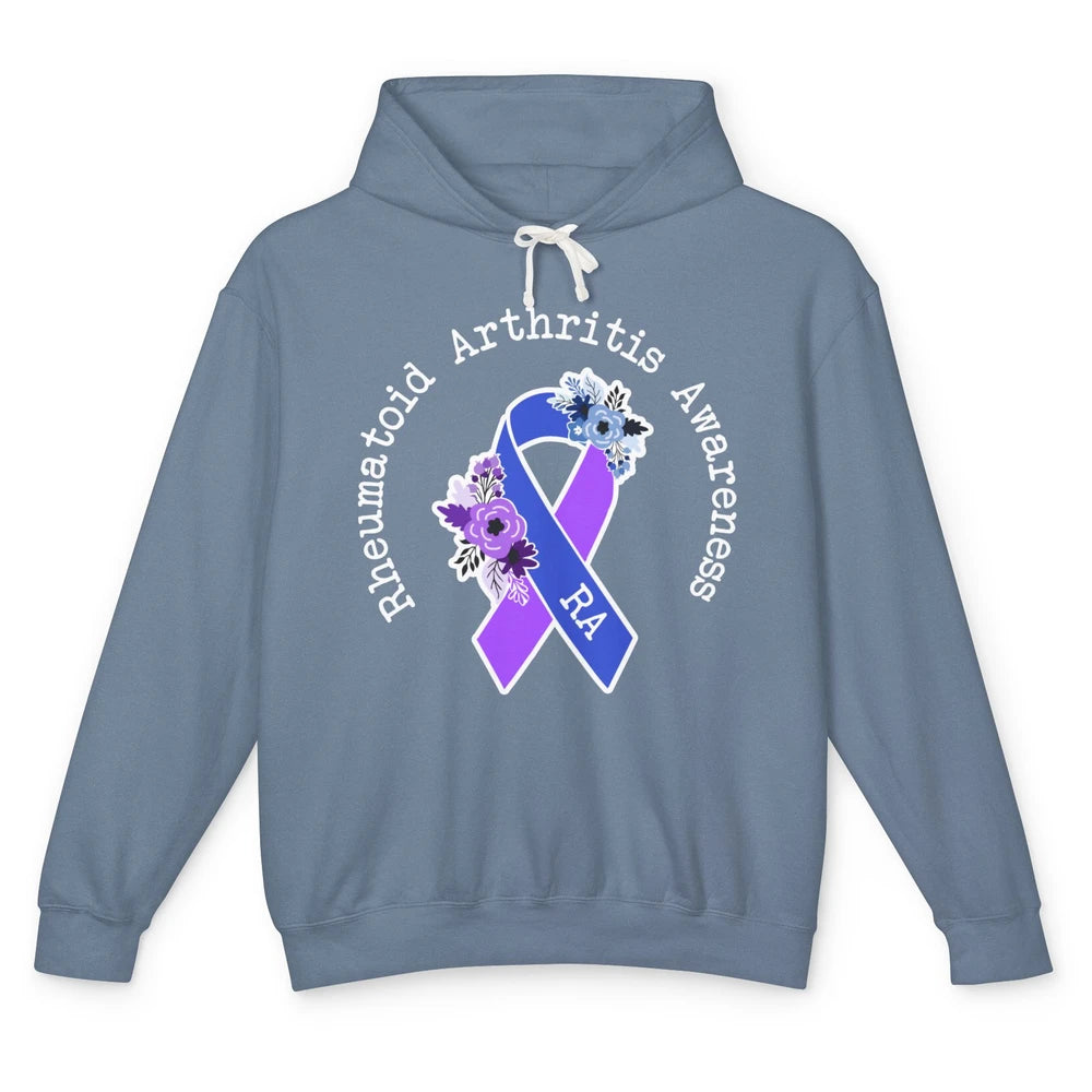 Rheumatoid Arthritis RA Awareness Floral Blue Purple Ribbon Unisex Lightweight Hoodie