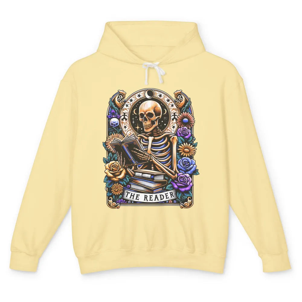 The Reader Tarot Card Halloween Reading Book Skeleton Floral Skull Bookish Bookworm Unisex Lightweight Hoodie