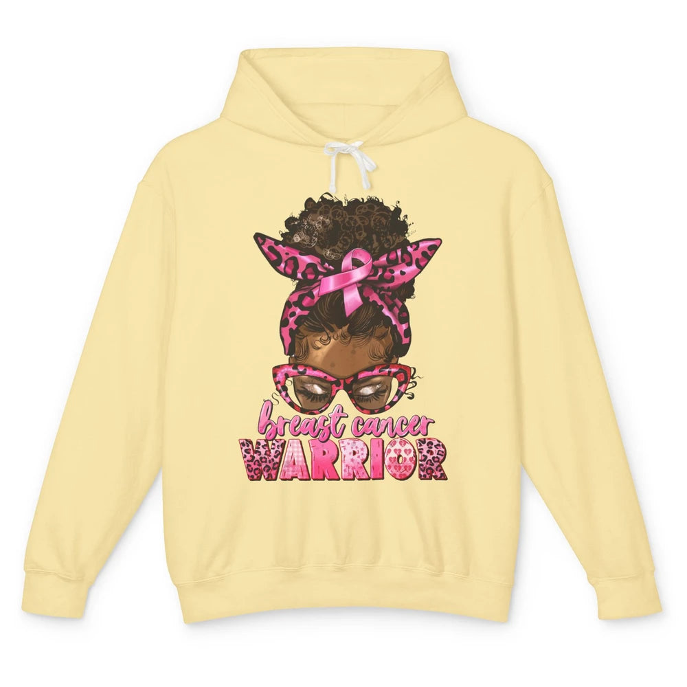 Afro Black Woman Breast Cancer Awareness Messy Bun Leopard Unisex Lightweight Hoodie