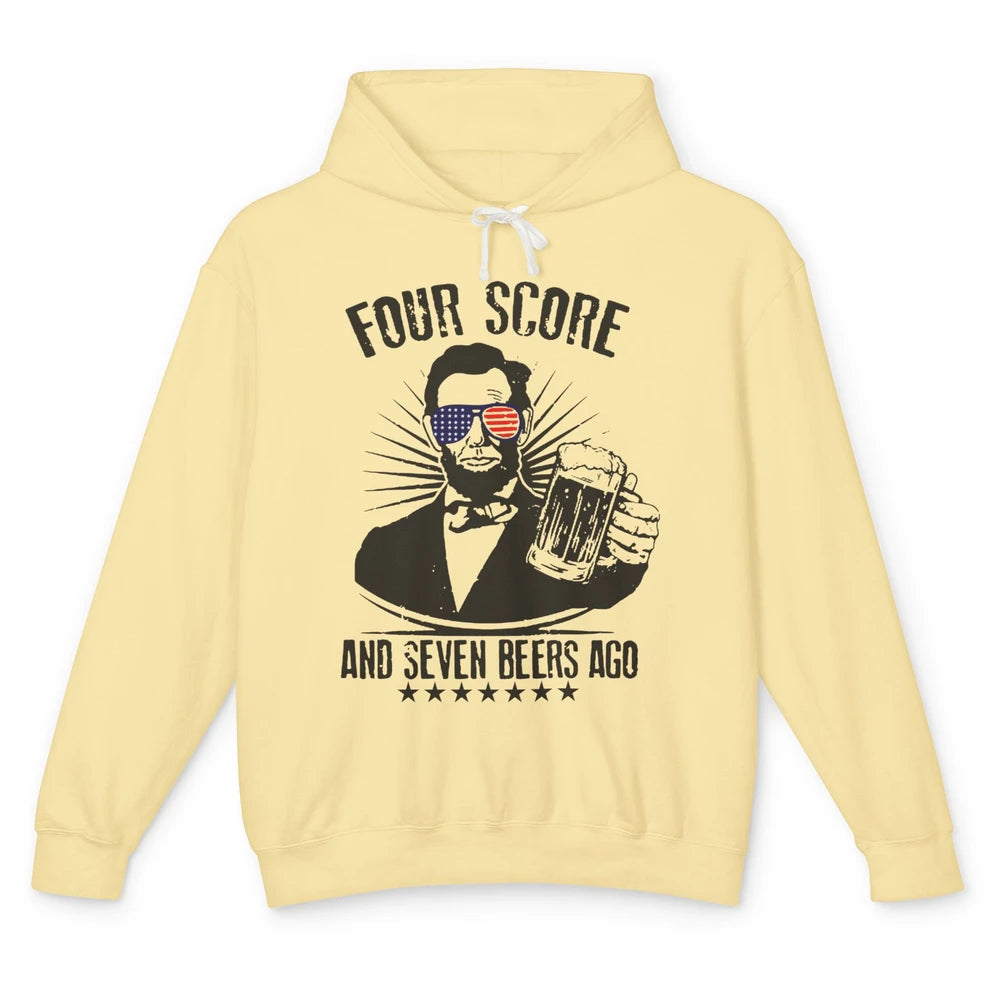 Funny US Flag Abraham Lincoln 4 Score 7 Beers Ago 4th July Unisex Lightweight Hoodie