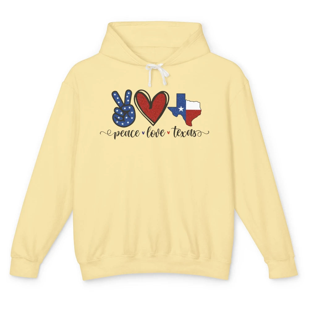 US Flag Peace Love Texas State Map Texan Pride Western Unisex Lightweight Hoodie