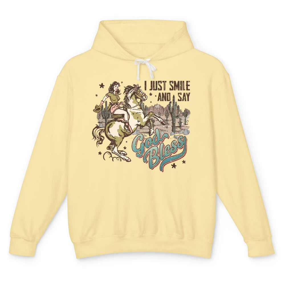 Retro Cowgirl Horsing I Just Smile And Say God Bless Western Unisex Lightweight Hoodie