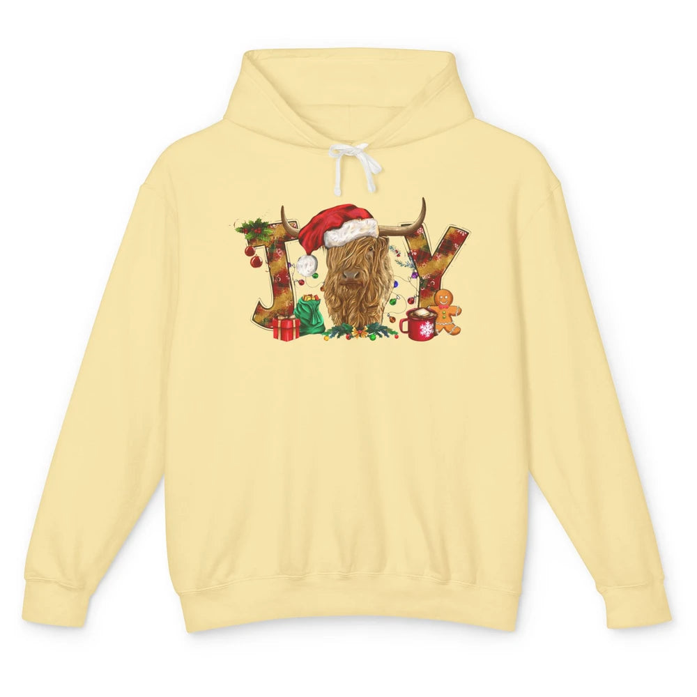 Highland Cow Joy Santa Hat Gingerbread Christmas Farm Gift Unisex Lightweight Hoodie