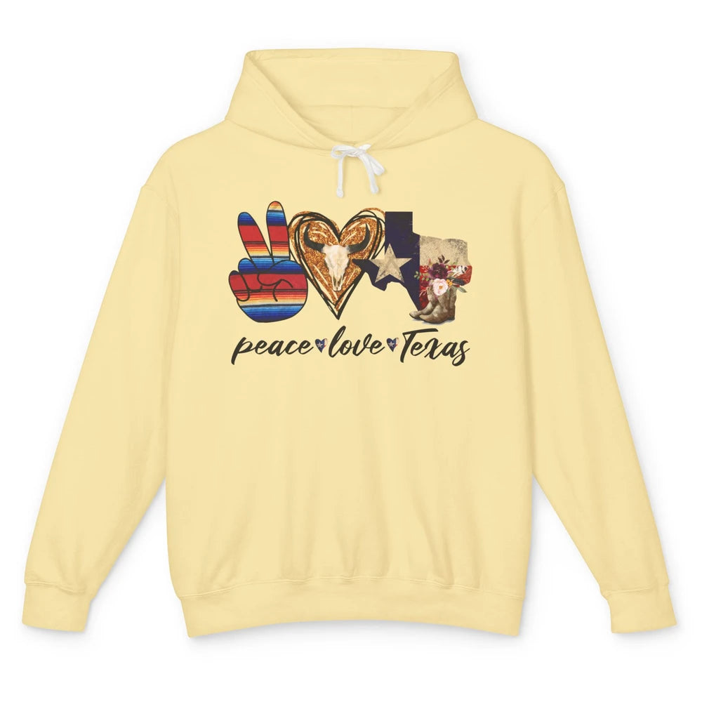 Retro Peace Love Texas Cowboy Boots Western Country Cowgirl Unisex Lightweight Hoodie