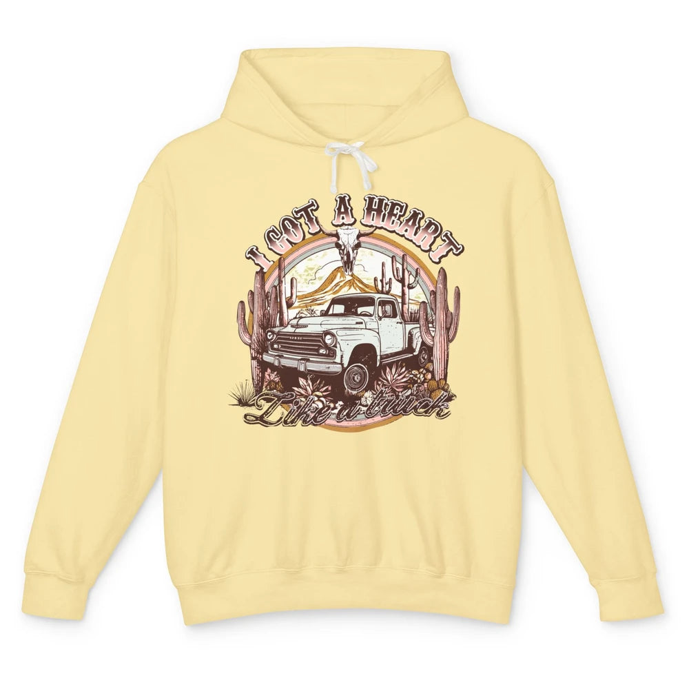 Retro Desert Bull Skull I Got A Heart Like A Truck Western Unisex Lightweight Hoodie