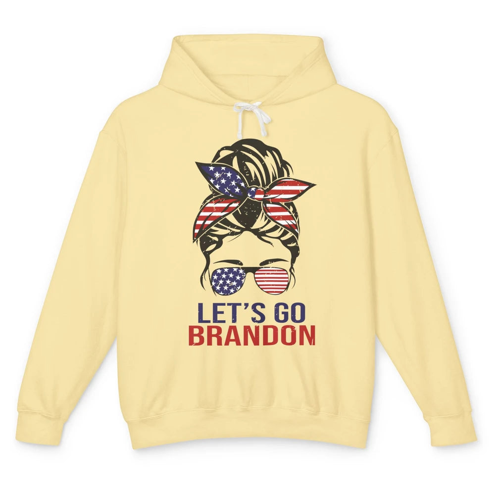 Retro US Flag Messy Bun Lets Go Brandon Conservative Liberal Unisex Lightweight Hoodie