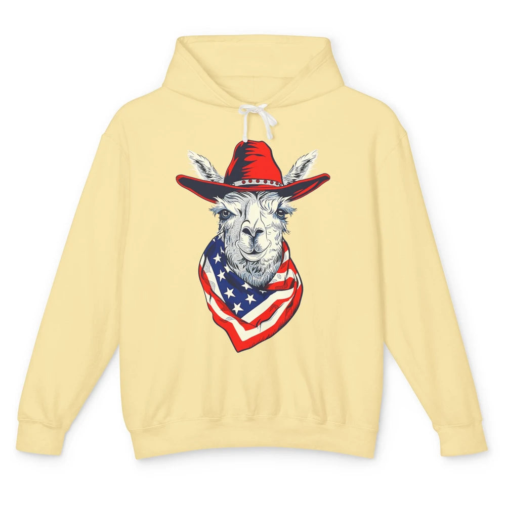 Funny Alpaca Cowboy Western Country Llama Rodeo USA Flag Retro Howdy Unisex Lightweight Hoodie