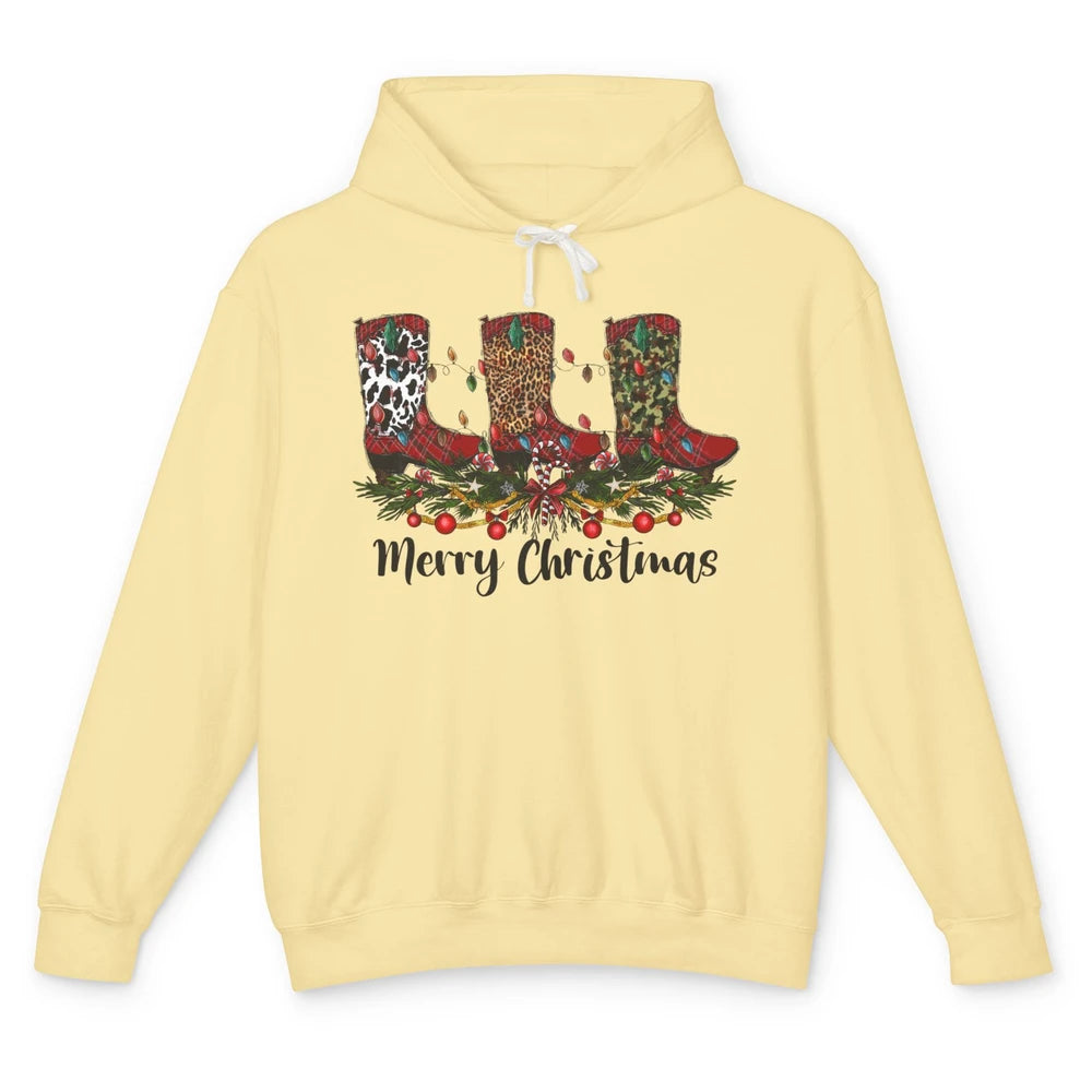 Christmas Cowboy Boots Santa Boots Leopard Western Christmas Unisex Lightweight Hoodie