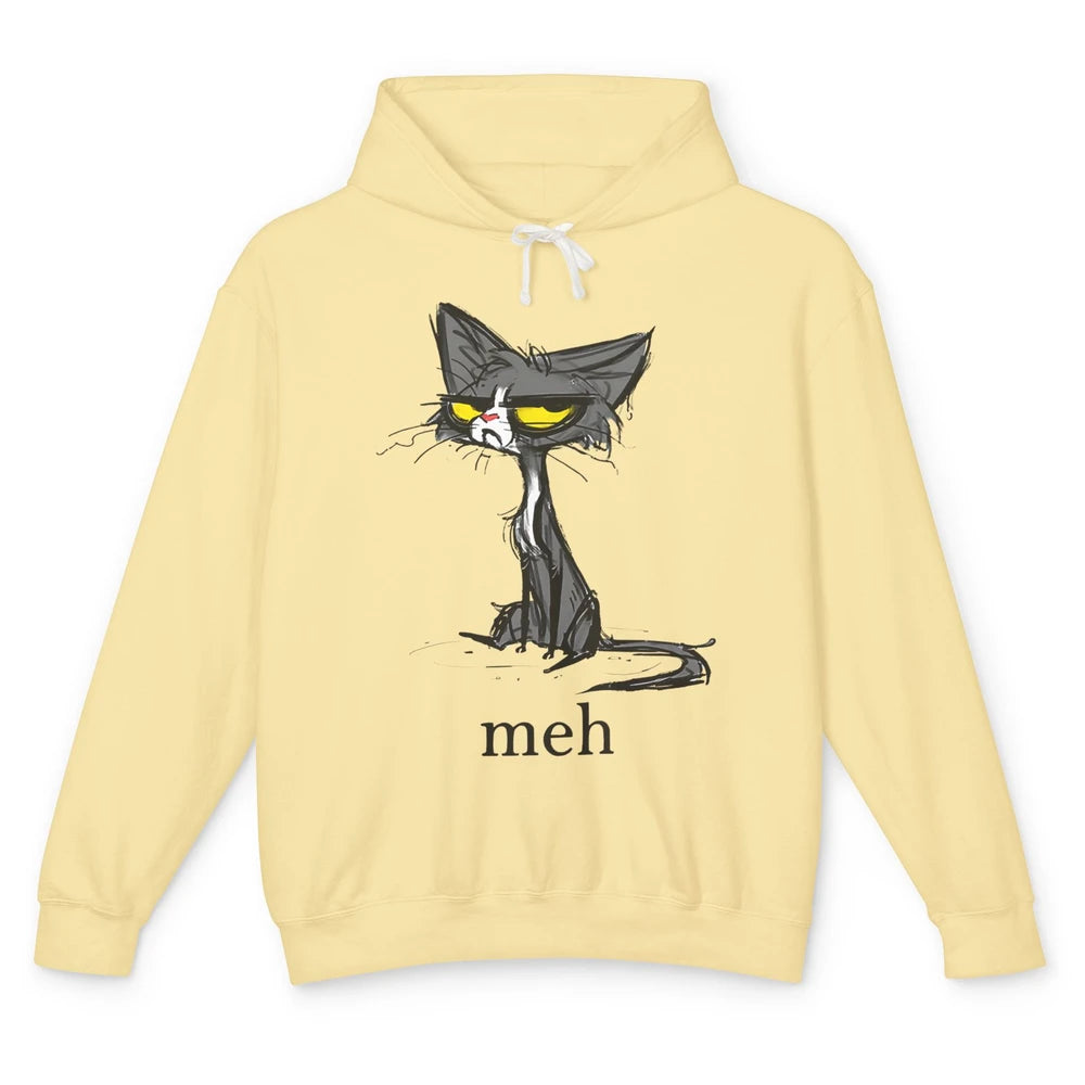 Funny Meh Grumpy Black Cat Sarcastic Kitten Angry Cat Mom Unisex Lightweight Hoodie