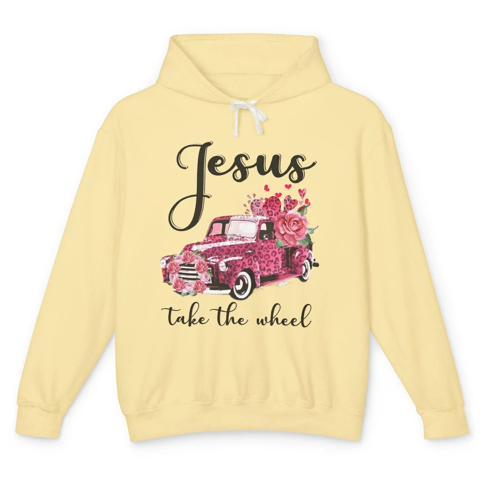 Christian Girl Jesus Take The Wheel Leopard Car and Roses Unisex Lightweight Hoodie