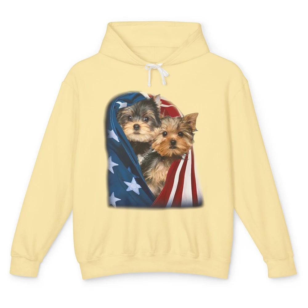 Yorkshire Terrier US Flag July 4th Patriotic Yorkie Puppies Unisex Lightweight Hoodie