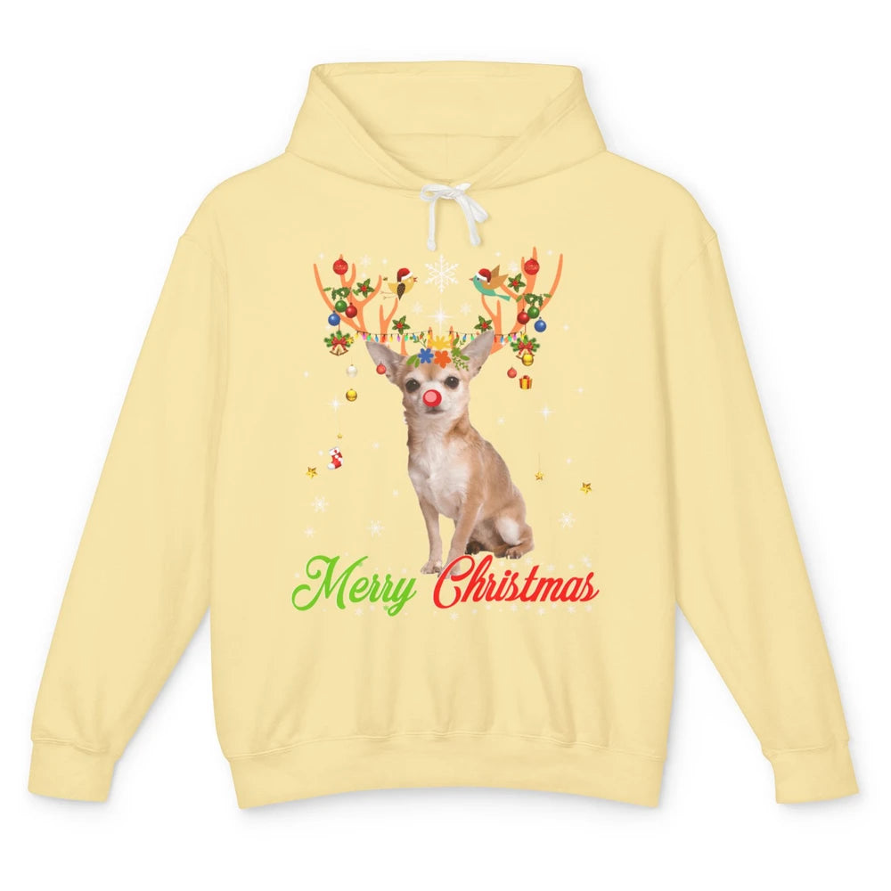 Merry Christmas Chihuahua Dog Santa Hat Xmas Reindeer Lights Unisex Lightweight Hoodie