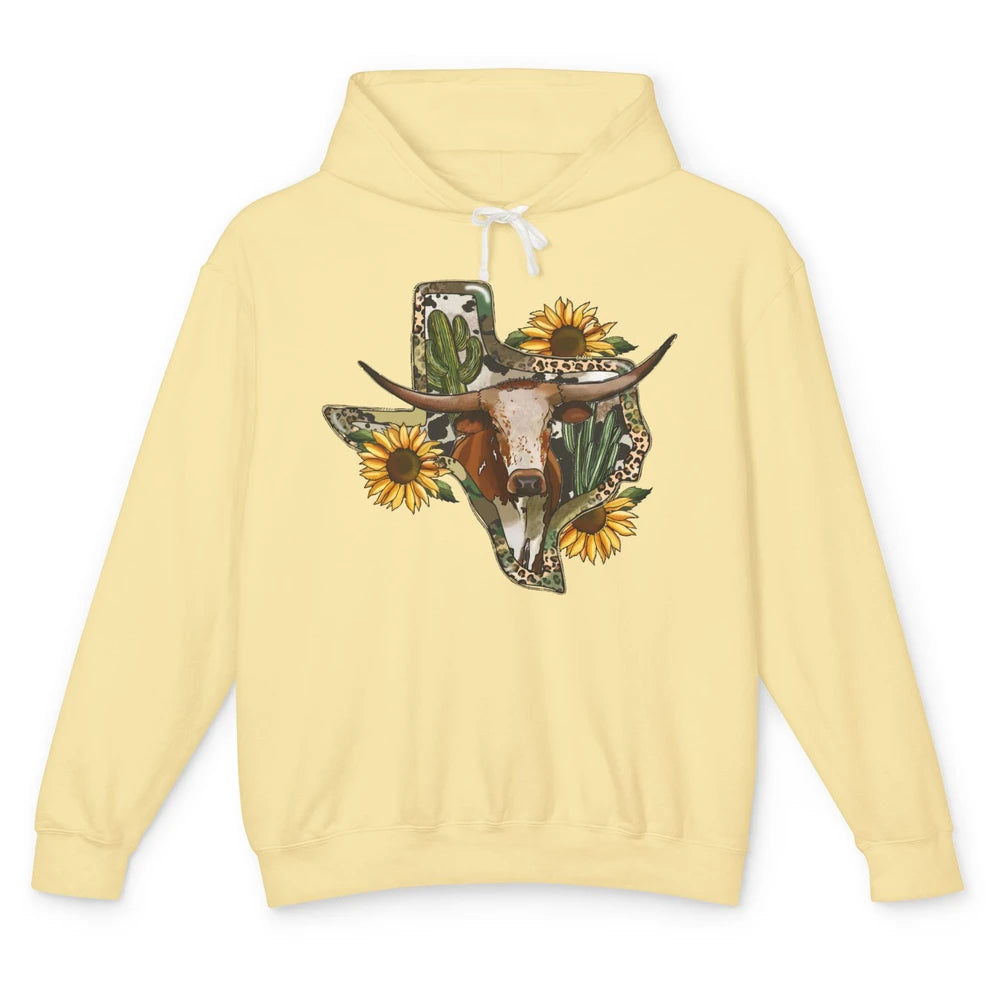 Texas Map Leopard Sunflower Western Texas Cow Longhorn Unisex Lightweight Hoodie