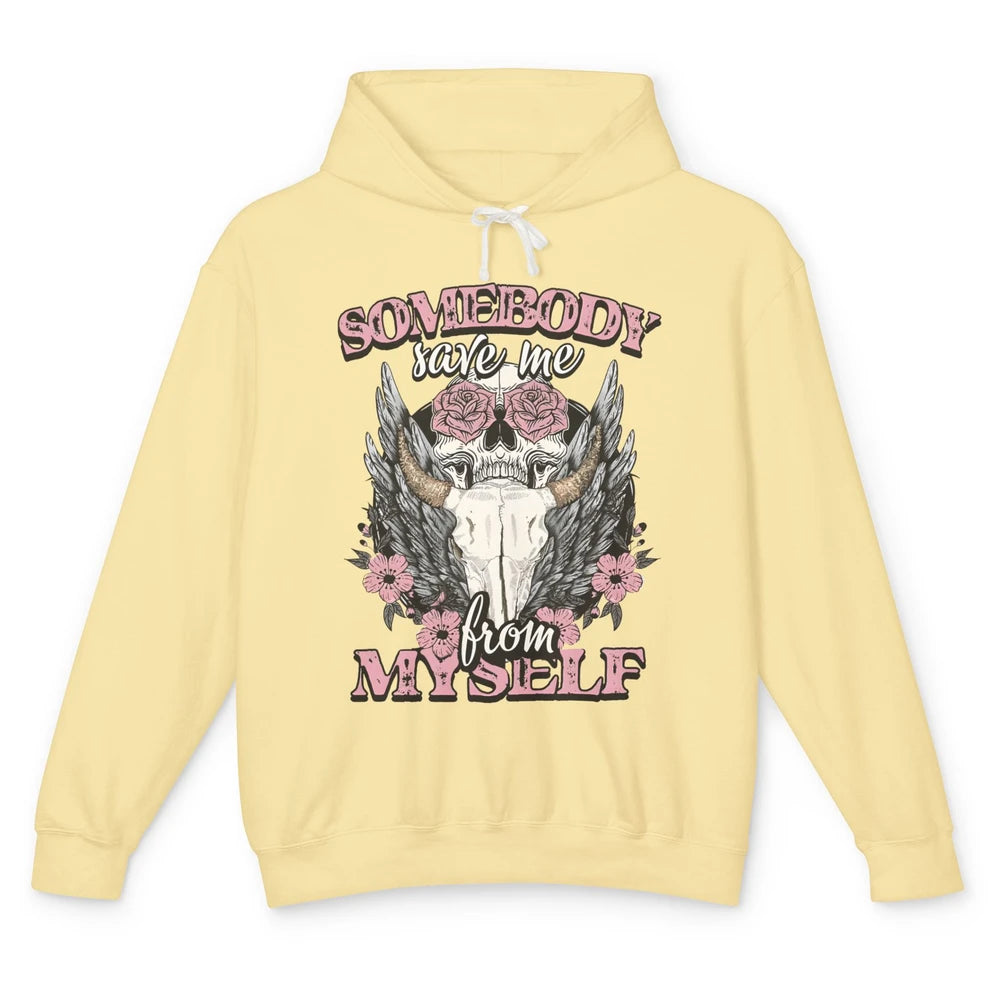 Retro Floral Bull Skull Somebody Save Me From Myself Western Unisex Lightweight Hoodie