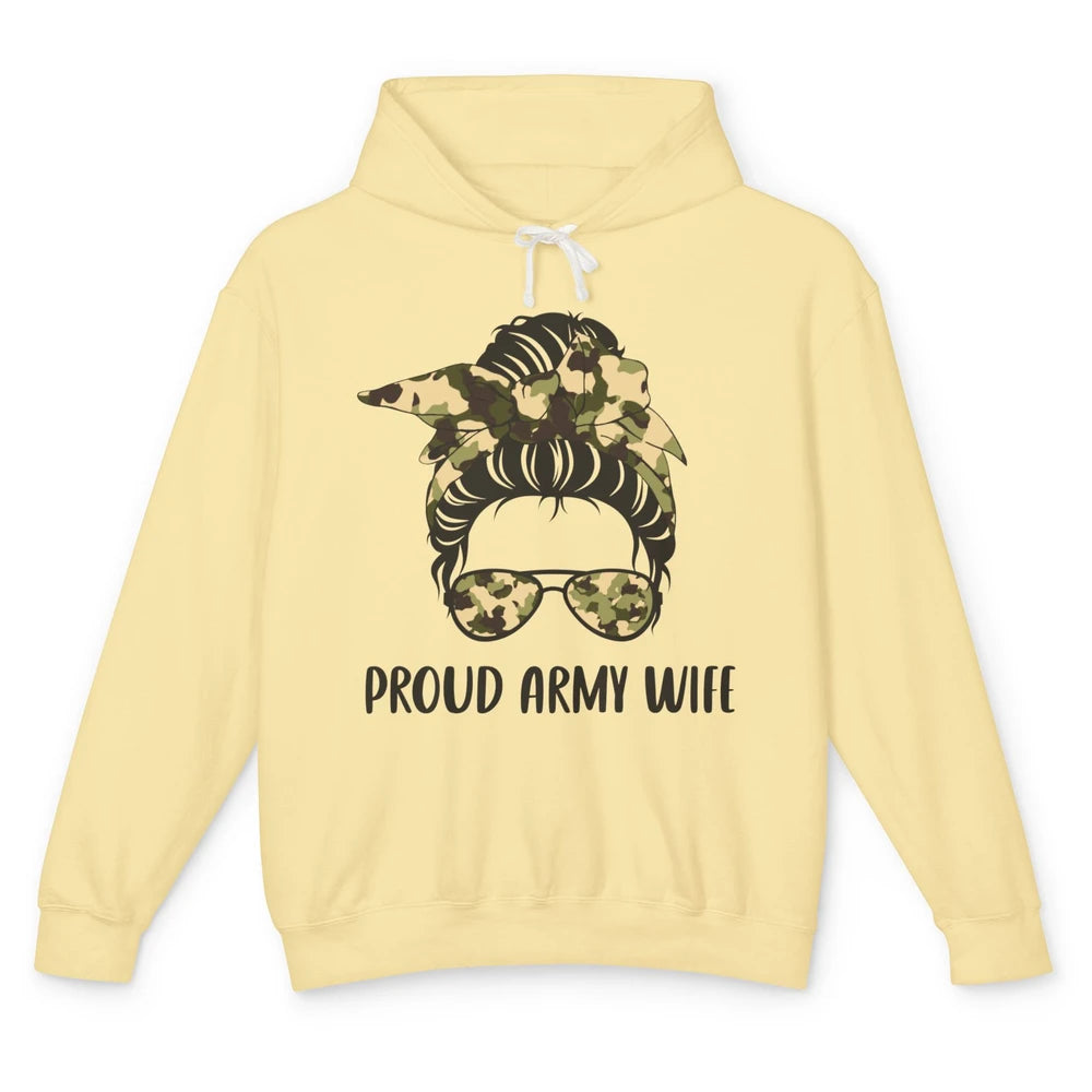 Proud Army Wife Messy Bun Hair Proud Wife Of A US Soldier Unisex Lightweight Hoodie