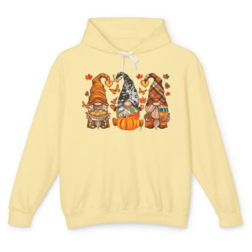 Retro Fall Gnomies Pumpkin Falling Leaves Thanksgiving Gnome Unisex Lightweight Hoodie