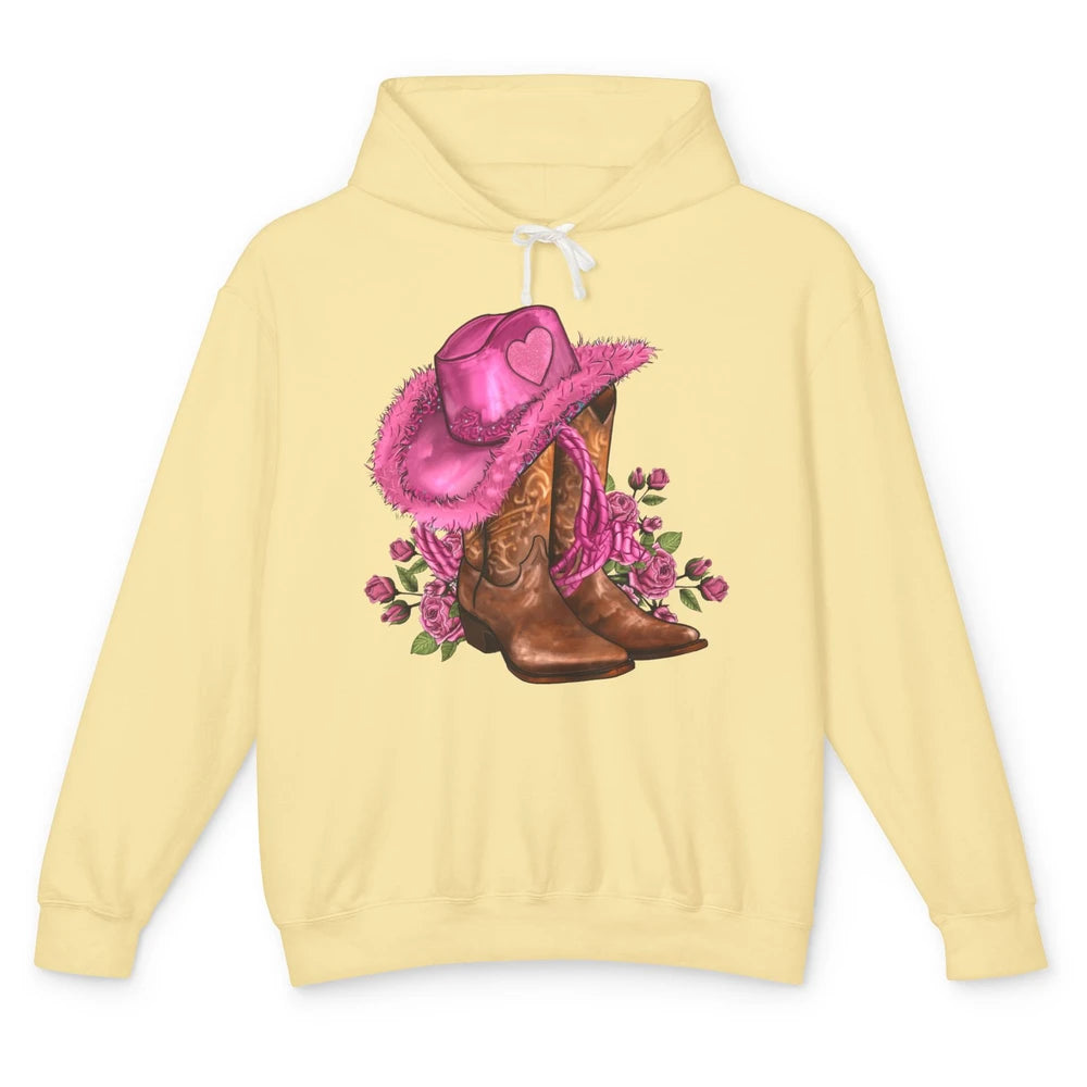 Valentines Day Hat Boots Cowgirl Pink Rose Flowers Retro Unisex Lightweight Hoodie