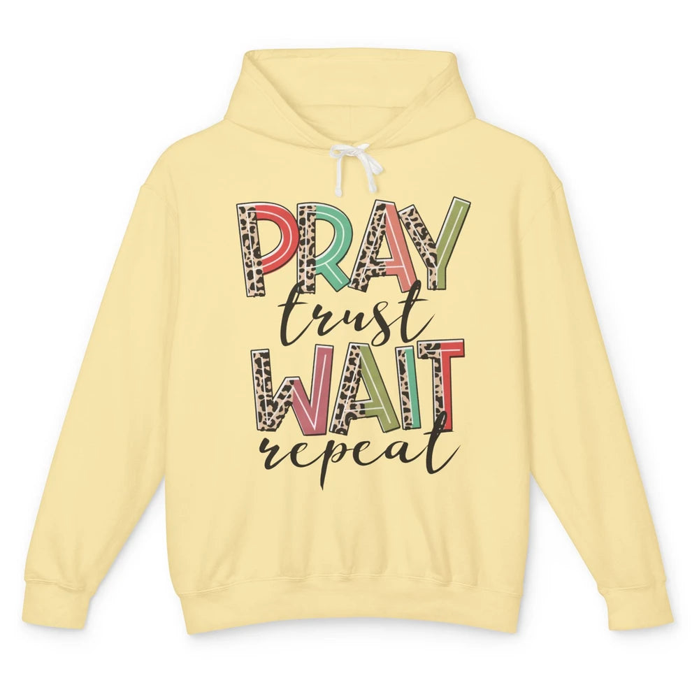 Retro Leopard Pray Wait Trust Repeat Christian Motivational Unisex Lightweight Hoodie