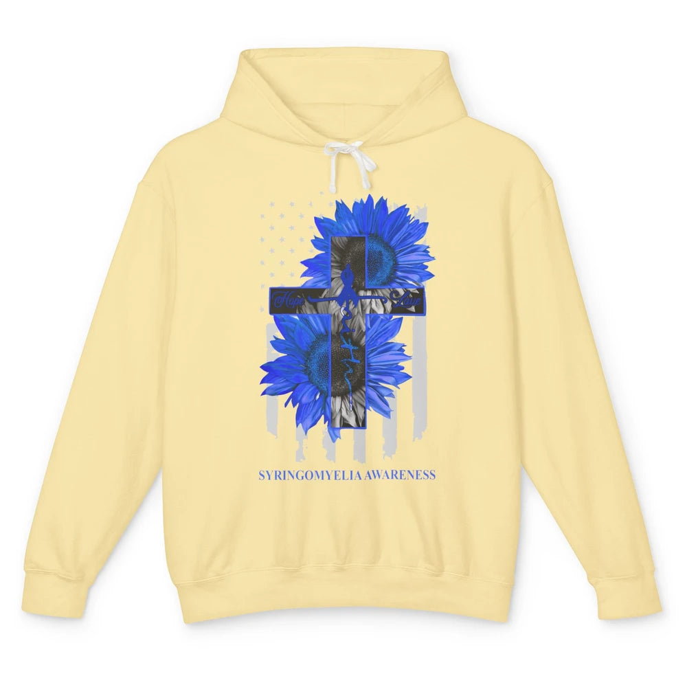 Syringomyelia Awareness Faith Hope Love Blue Ribbon US Flag Unisex Lightweight Hoodie