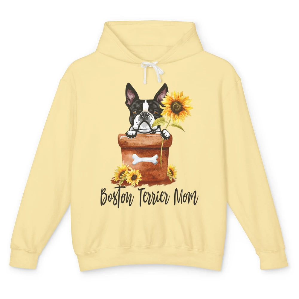 Funny Boston Terrier Dog Face Sunflowers Puppy Dog Mom Mama Unisex Lightweight Hoodie