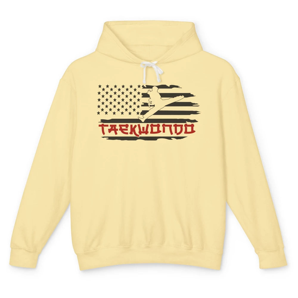 Taekwondo American Flag Karate Girl Boy Martial Art Gift Unisex Lightweight Hoodie