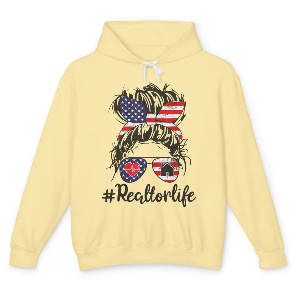 Messy Hair Bun 4th July Flag Realtor Life Real Estate Agent Unisex Lightweight Hoodie