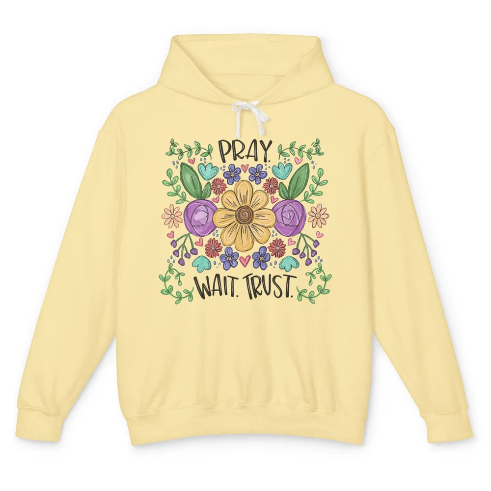 Floral Christian Faith Pray Wait Trust Bible Verse Hand Draw Unisex Lightweight Hoodie