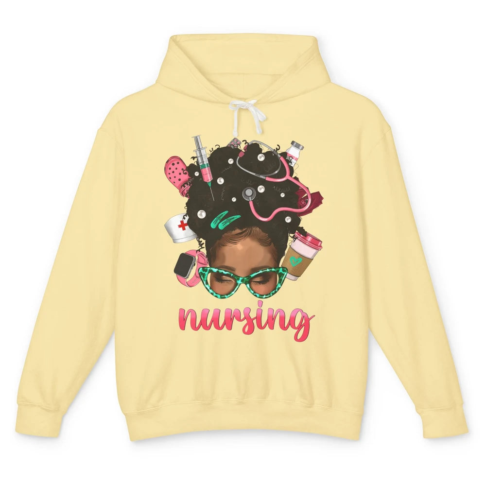 Afro Black Woman Nurse Life Nursing Therapist Messy Hair Bun Unisex Lightweight Hoodie