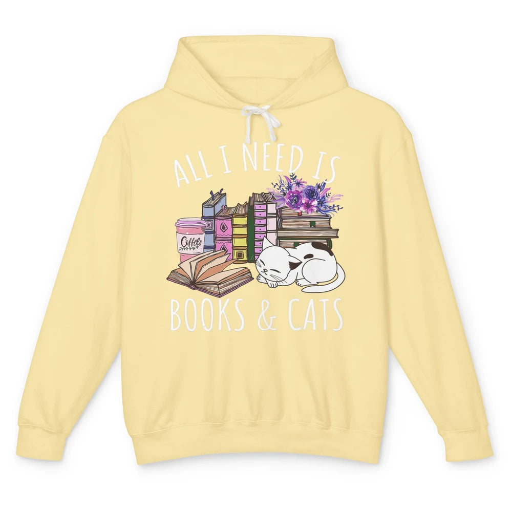 All I Need Is Books And Cats Floral Coffee Bookish Reading Unisex Lightweight Hoodie