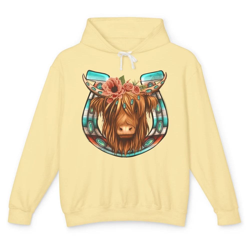 Floral Highland Cow Heifer Horseshoe Western Country Cowboy Unisex Lightweight Hoodie