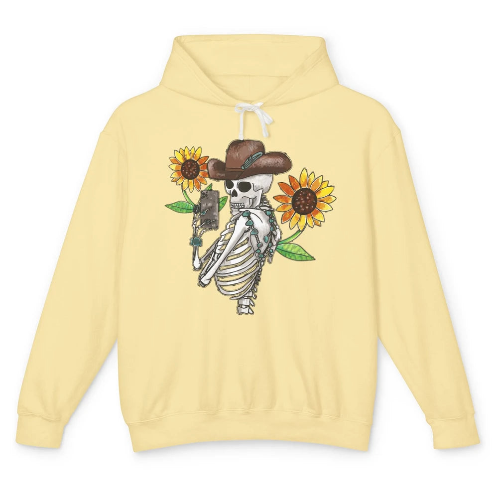 Western Cowboy Hat Skeleton Sunflower Funny Skeleton Selfie Unisex Lightweight Hoodie