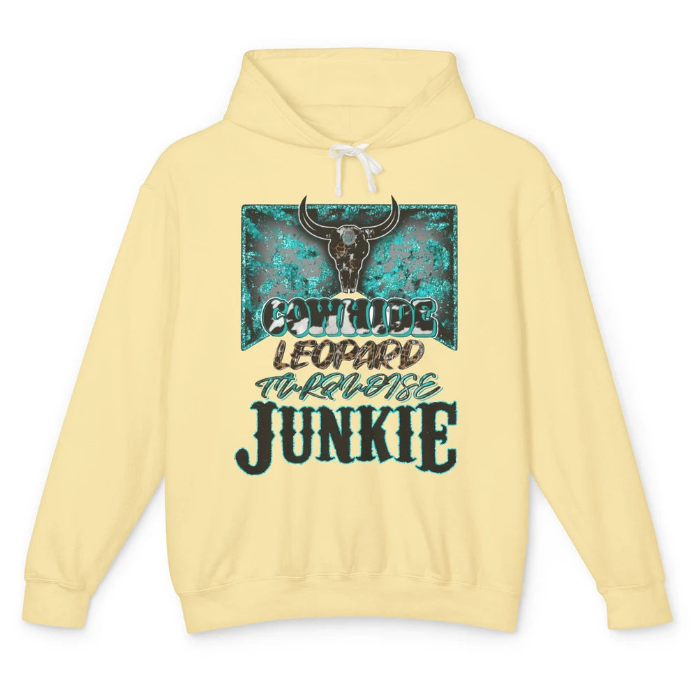 Bull Skull Cowhide Leopard Turquoise Junkie Western Country Unisex Lightweight Hoodie