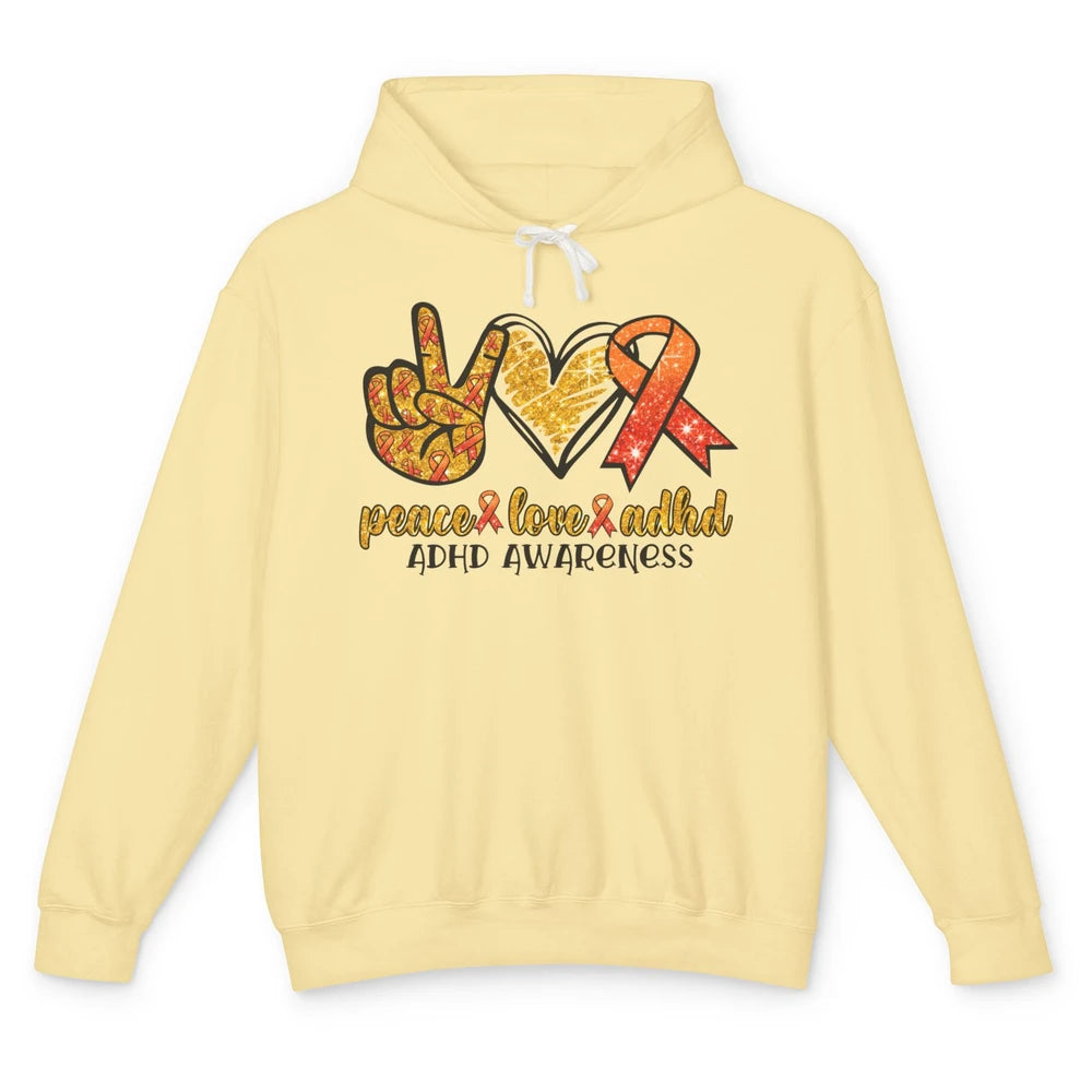 ADHD Awareness Month Peace Love ADHD Orange Ribbon Unisex Lightweight Hoodie