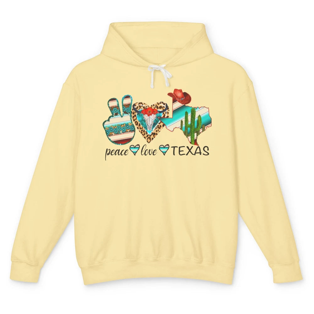 Peace Love Texas Cow Skull Western Country Cowboy Hat Cactus Unisex Lightweight Hoodie