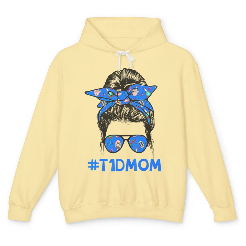 T1D Proud Mom Leopard Messy Bun Warrior Diabetes Awareness Unisex Lightweight Hoodie