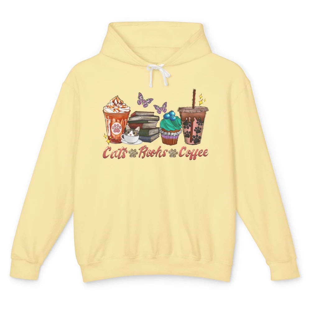 Cats Books Coffee Funny Coffee Paw Books Lovers Reader Gift Unisex Lightweight Hoodie