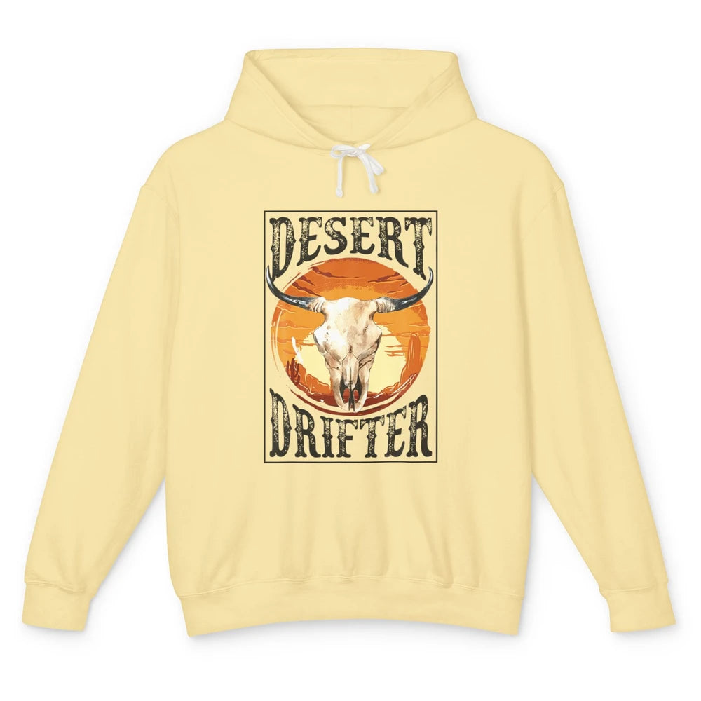 Bull Skull Sunset Desert Drifter Cowboy Rodeo Western Retro Unisex Lightweight Hoodie