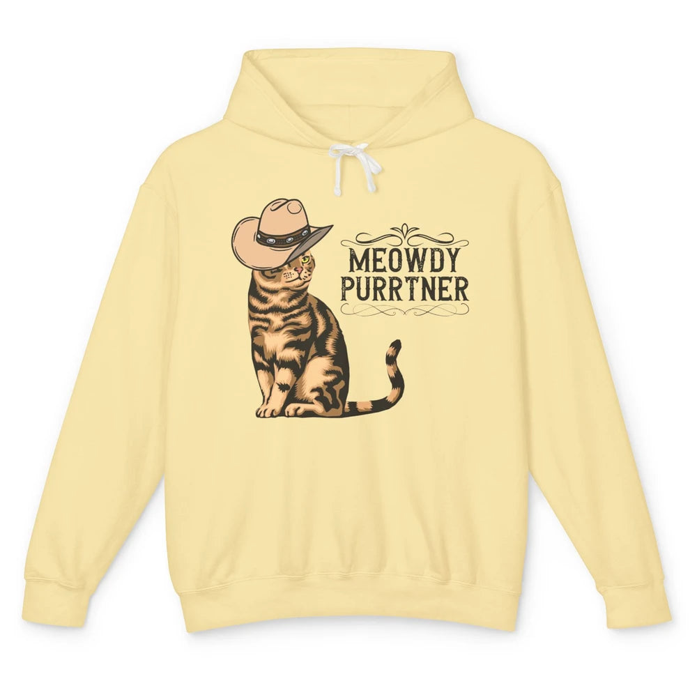 Funny Cat Cowboy Meowdy Purrtner Western Country Cat Mom Unisex Lightweight Hoodie