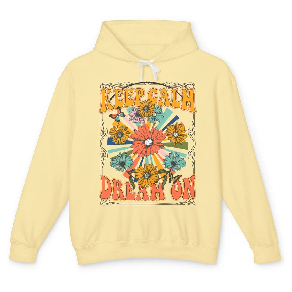 Retro Floral Rainbow Keep Calm Dream On Peace Hippie Girl Unisex Lightweight Hoodie